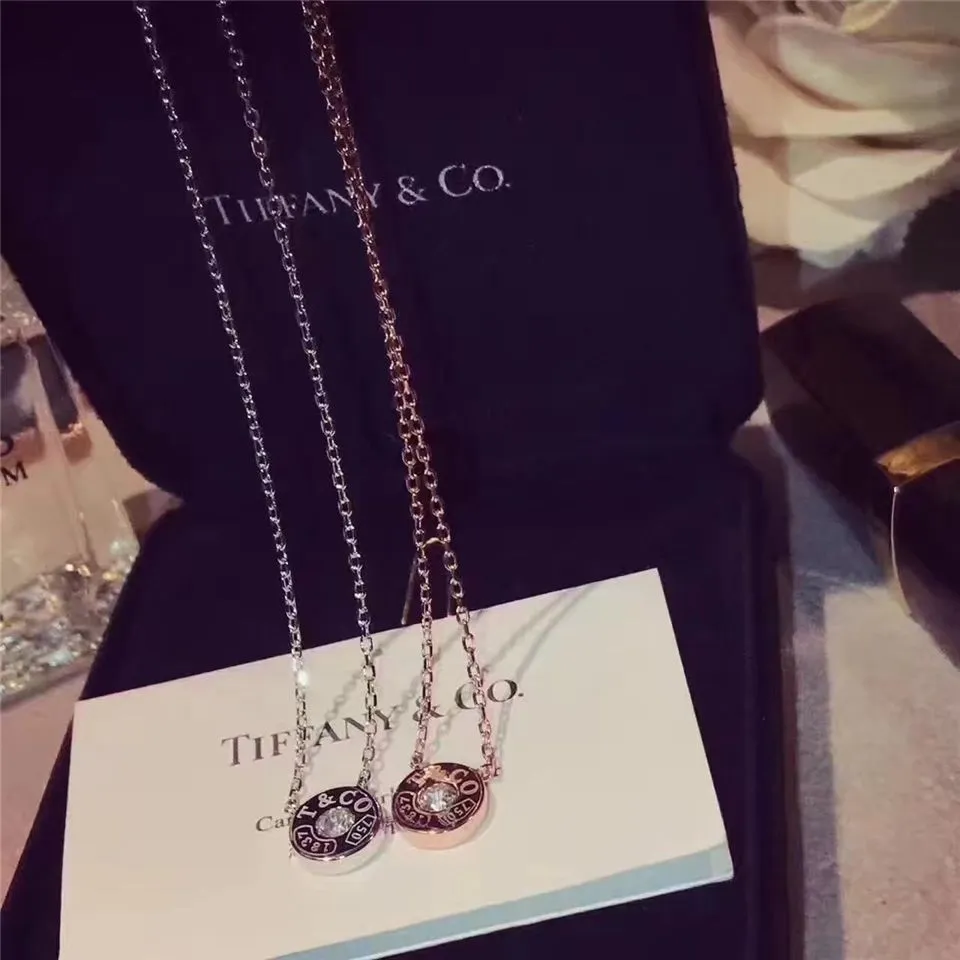Tiffany 1837 Copy Circle Pendant With One Diamond Necklace Silver/ Rose Gold Gift For Girls 33285973/33286007