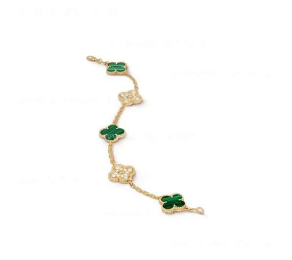 Replica Van Cleef Arpels Vintage Alhambra Bracelet 5 motifs With Diamonds and Malachite