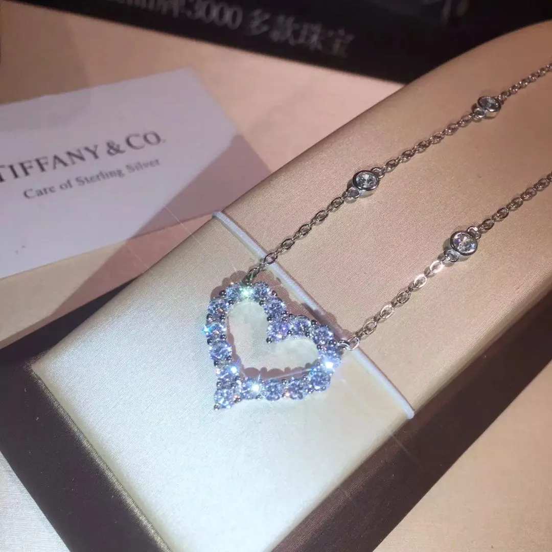Timeless Style Tiffany Platinum Heart Pendant Ladies 925 Silver Diamonds Necklace Uk