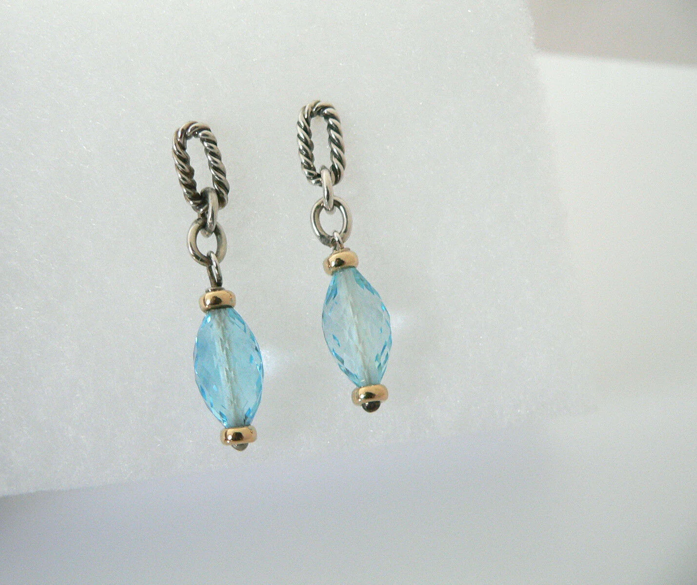 David Yurman Silver 18K Gold Blue Topaz Dangle Dangling Earrings 18K Posts Gift