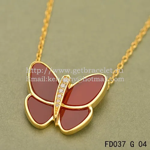 Van Cleef & Arpels Flying Butterfly Pendant Necklace Yellow Gold With Red Onyx Diamonds
