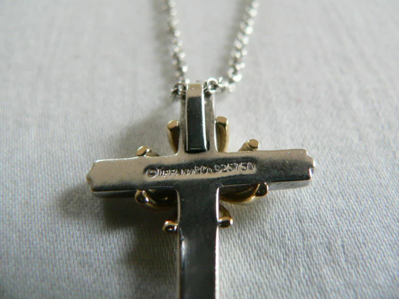 Tiffany & Co Silver 18K Gold Cross Necklace Pendant Charm 18 In Chain Gift Love