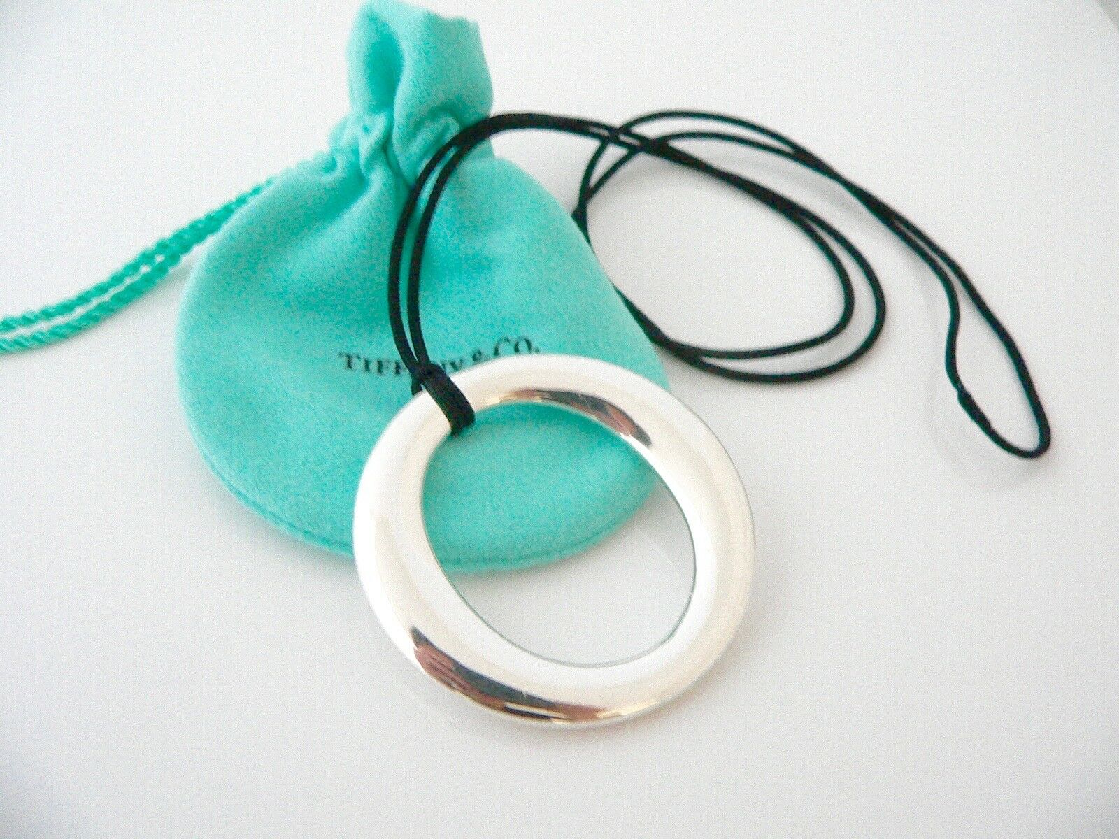 Tiffany & Co Silver Peretti XL Large Sevillana Oval Necklace Pendant Charm Cord