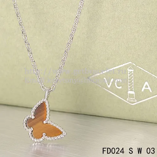 Van Cleef Arpels Lucky Alhambra Butterfly Necklace White Gold With Tiger's Eye Mother Of Pearl