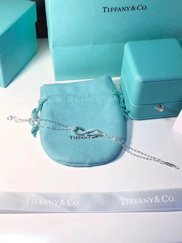 Fashion Tiffany Infinity Silver Double Chains Fashion Blue Enamel Finish Pendant Bracelet Engagement Lady Jewelrys GRP09427