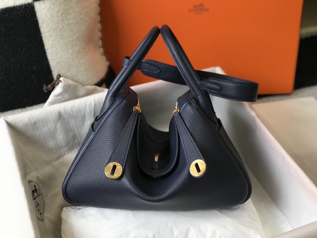Original Copy Hermes Lindy Handbag Calfskin Dark Blue with Gold and Sliver Hardware