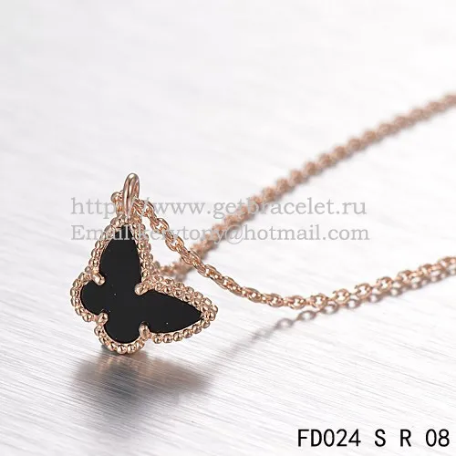 Van Cleef Arpels Lucky Alhambra Butterfly Necklace Pink Gold With Black Onyx Mother Of Pearl