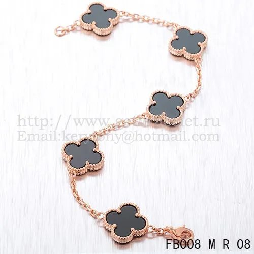 Van Cleef & Arpels Vintage Alhambra Bracelet 5 Motifs Pink Gold With Black Agate Mother Of Pearl