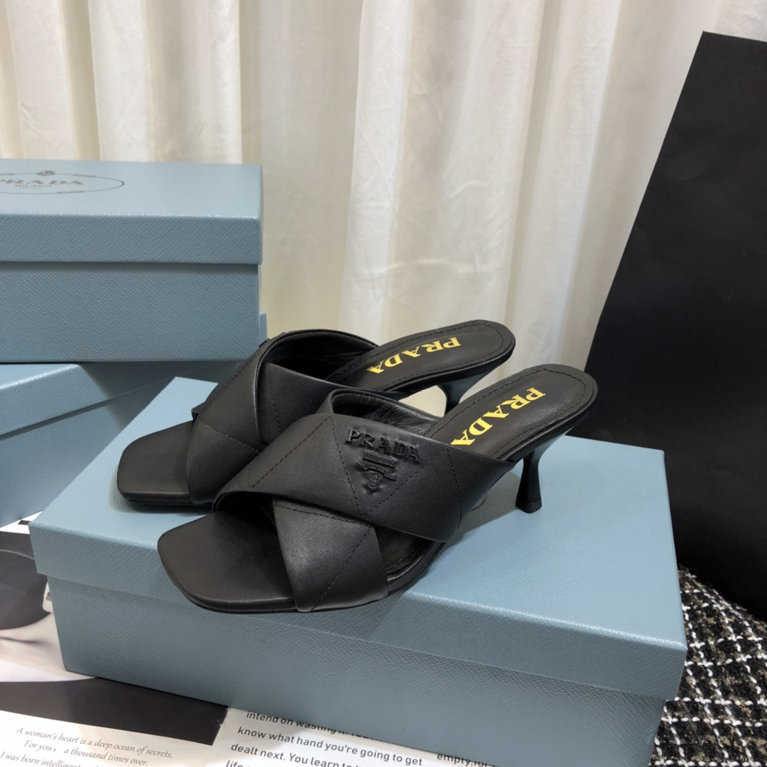 Prada  Leather Simple And Noble 6.5CM Slide Sandal (Replica)
