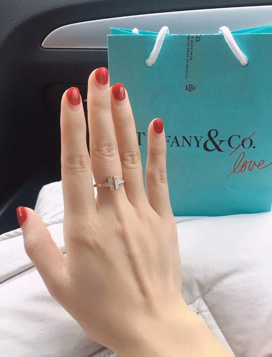 Womens Tiffany T Mother Of Pearl Rose Gold Double T Diamonds Wire Ring 6/7/8 US