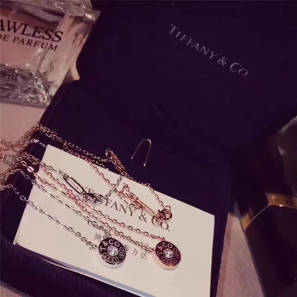 Tiffany 1837 Copy Circle Pendant With One Diamond Necklace Silver/ Rose Gold Gift For Girls 33285973/33286007
