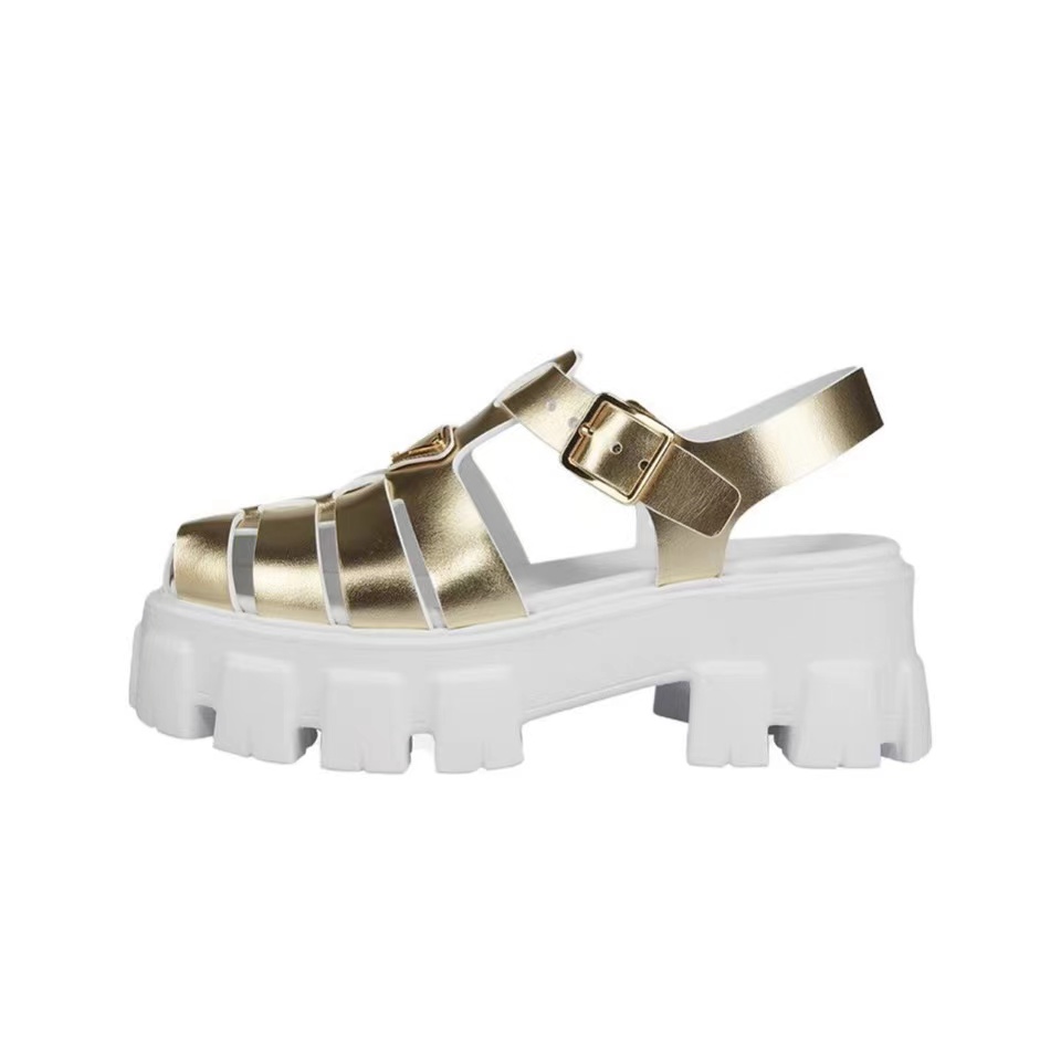 Prada  Leather Round Head Buckle Sandals Slide (Replica)