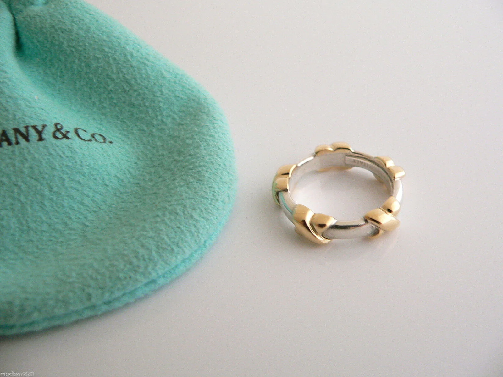 Tiffany & Co Silver 18K Gold Signature X Stacking Ring Band Sz 5.25 Gift Pouch