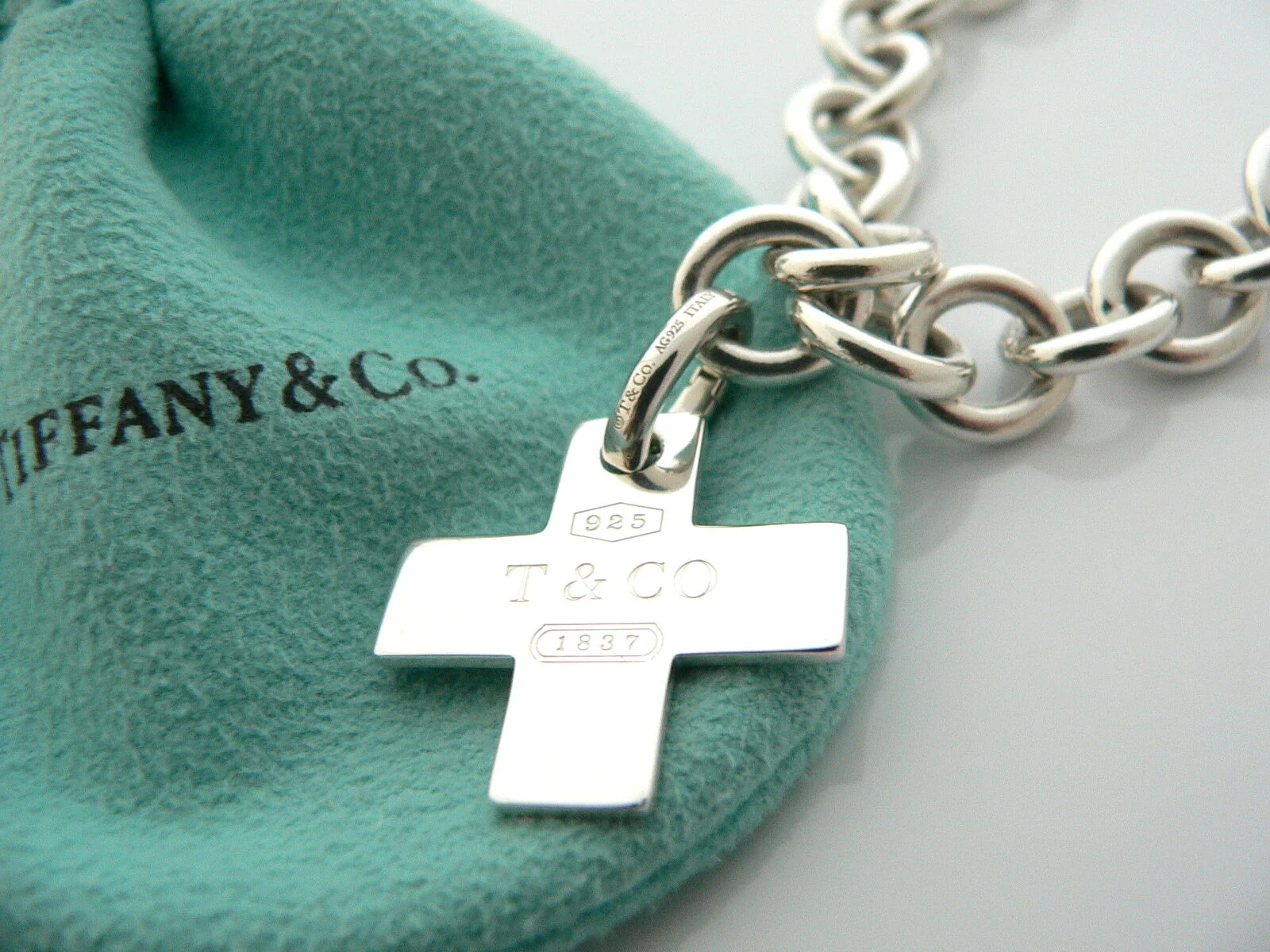 Tiffany & Co Silver 1837 Cross Bracelet Bangle Charm Clasp Gift Pouch Love Rare