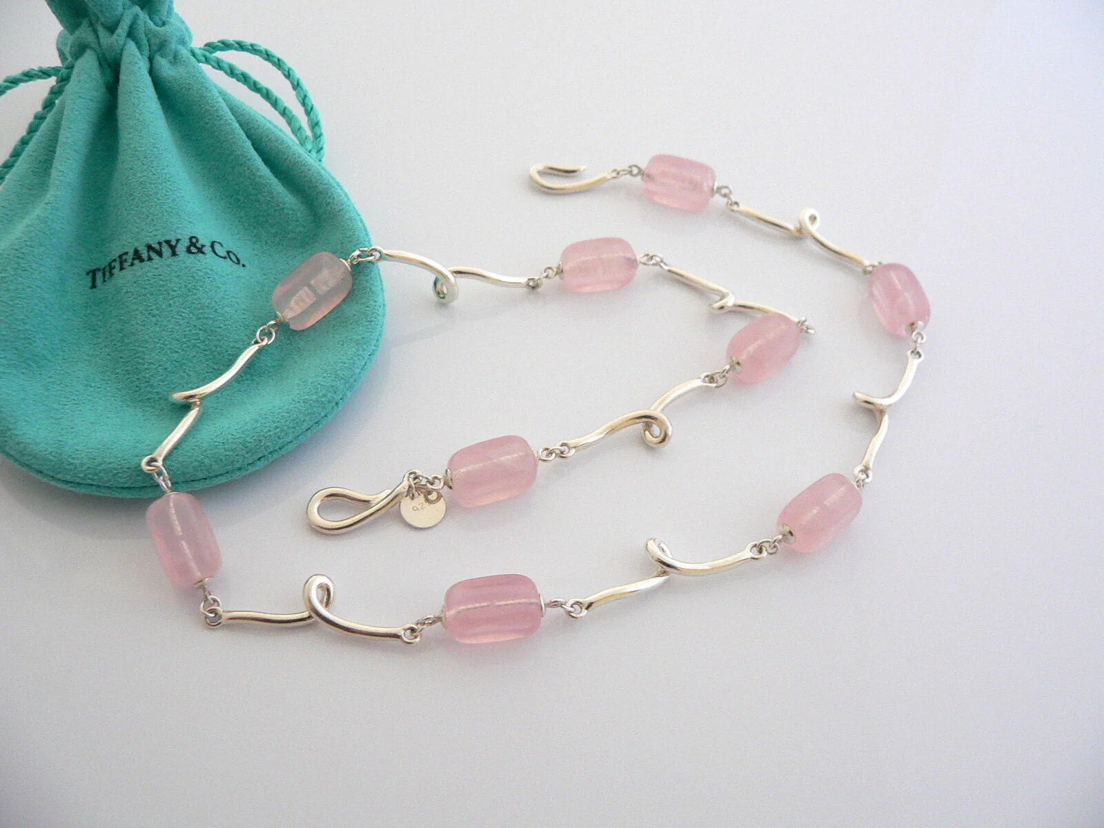 Tiffany & Co Pink Quartz Necklace Rose Twirl Pendant Charm Chain Silver Gift Art