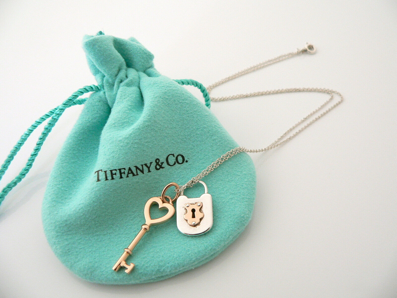 Tiffany Co Silver 18K Rose Gold Heart Key Locks Necklace Pendant Charm Gift Love
