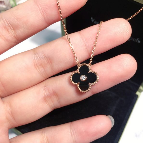 Van Cleef Necklace Dupe, Black Clover Leaf Necklace with Diamond& Rose Gold