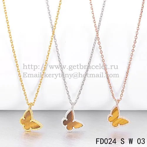 Van Cleef Arpels Lucky Alhambra Butterfly Necklace White Gold With Tiger's Eye Mother Of Pearl