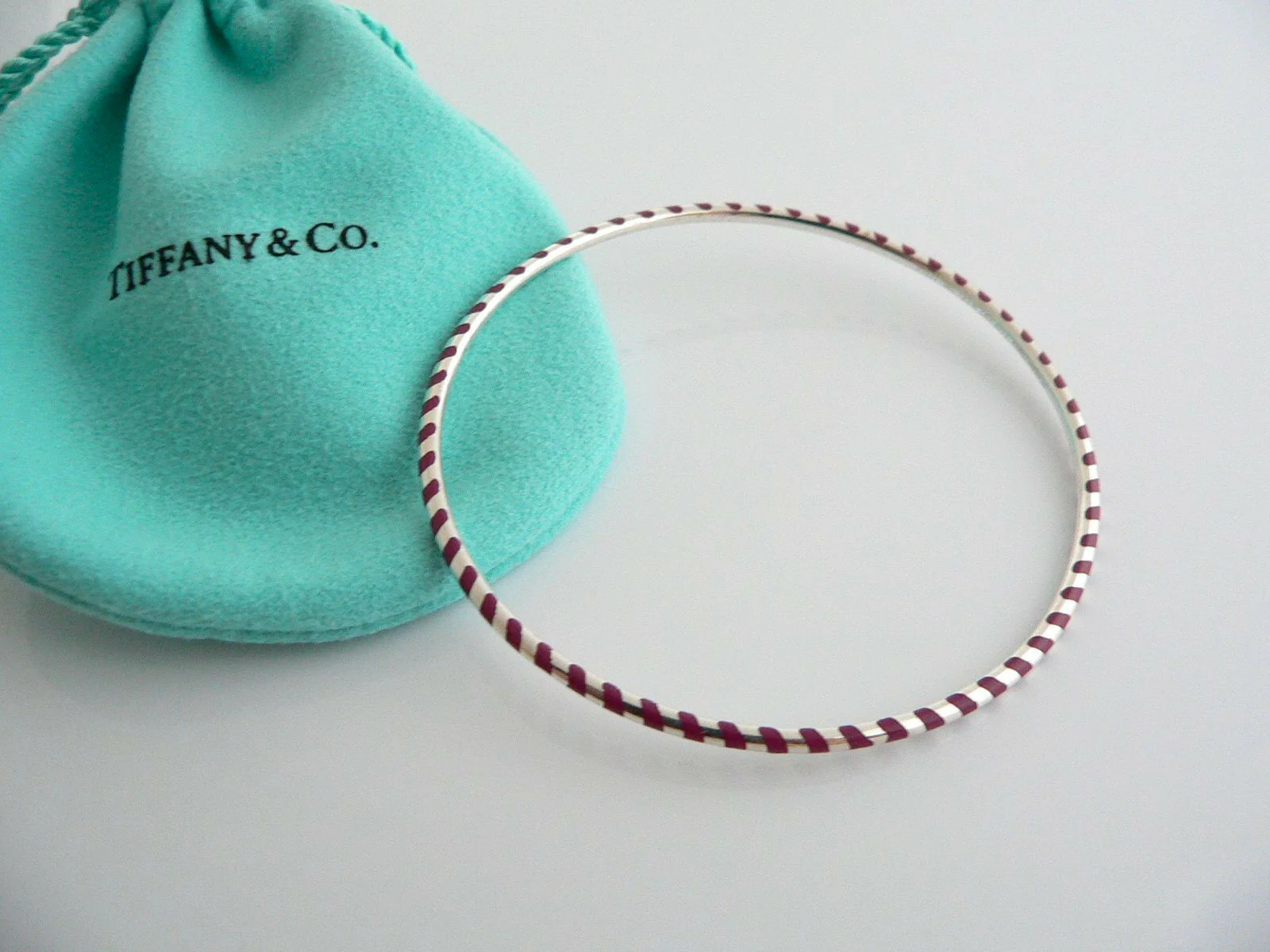 Tiffany & Co Silver Palina Red Enamel Stripe Bangle Bracelet Gift Pouch Love