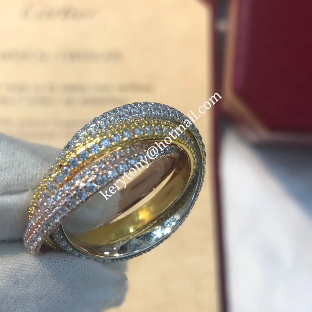 Spring Fashion Cartier Trinity Ring White Gold/Yellow God/Rose Gold With Pave Diamonds N4227600 High End