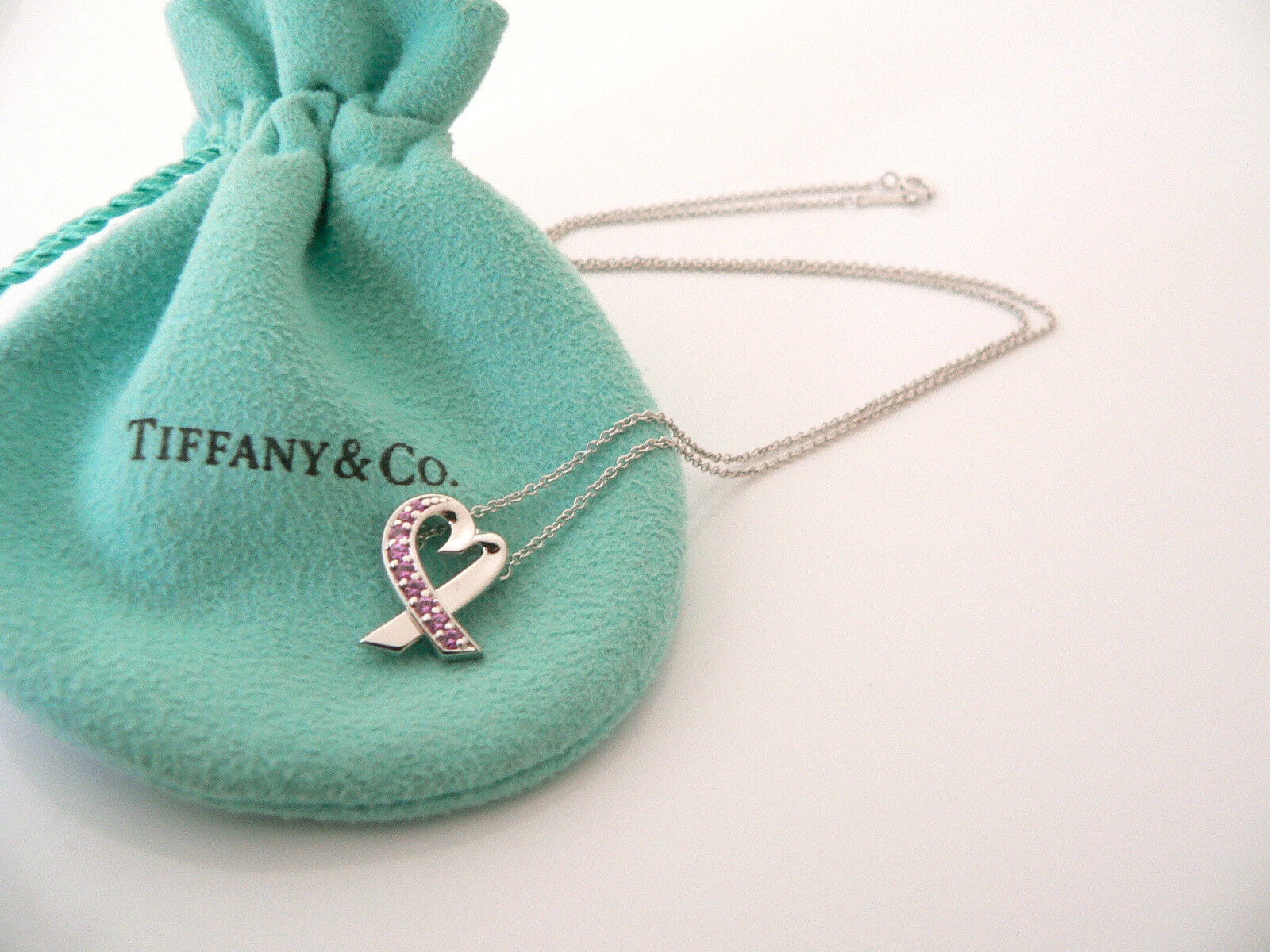 Tiffany & Co 18K Gold Picasso Pink Sapphires Necklace Pendant Charm Chain Gift