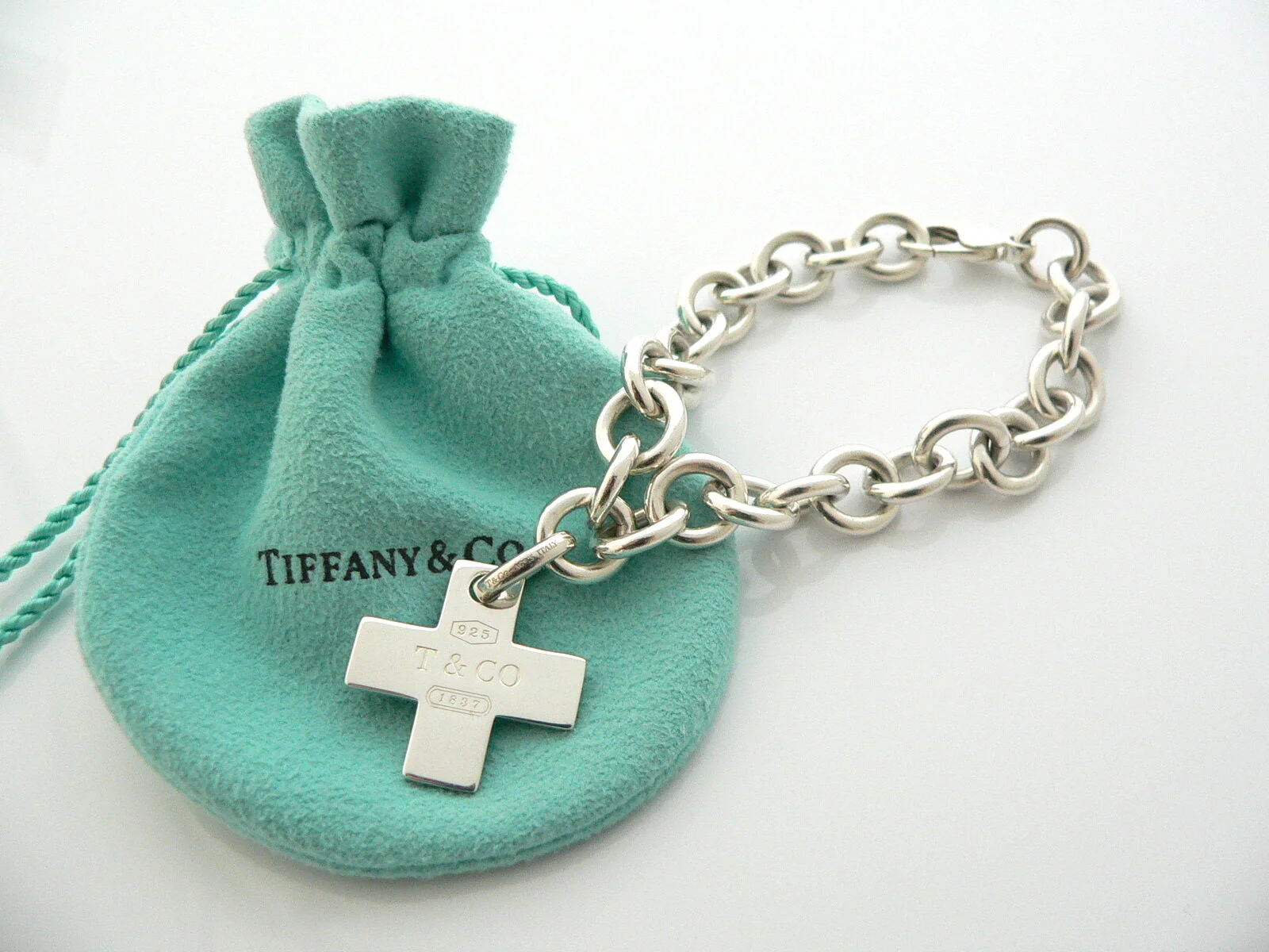 Tiffany & Co Silver 1837 Cross Bracelet Bangle Charm Clasp Gift Pouch Love Rare