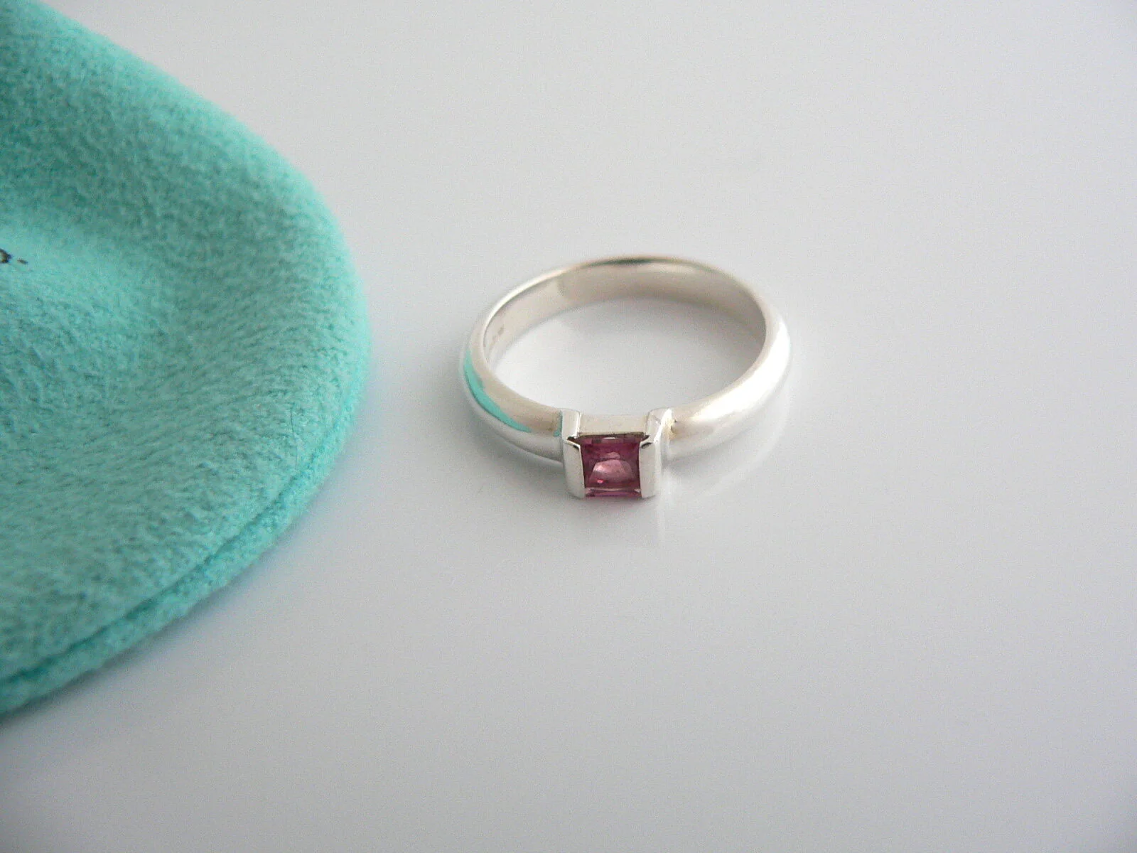 Tiffany & Co Silver Pink Tourmaline Ring Gemstone Band Sz 7.25 Gift Pouch Love