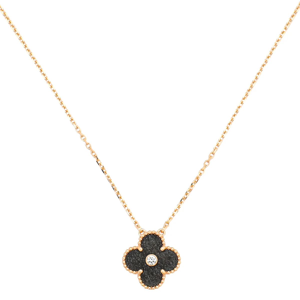 Van Cleef & Arpels 18K Rose Gold Diamond Silver Obsidian Vintage Alhambra Holiday Pendant Necklace