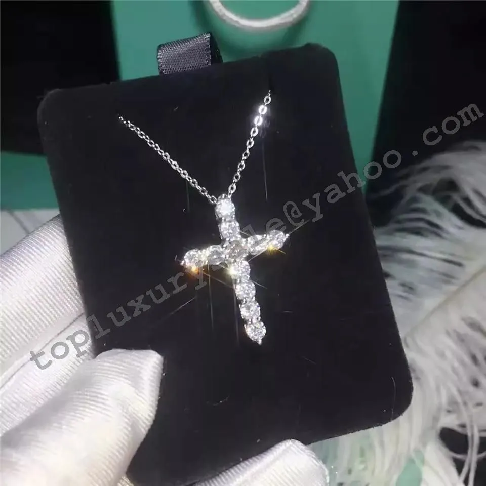 Tiffany Cross Pendant With Diamonds Sterling Silver Chain Necklace Fashion Party Jewelry Women