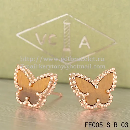 Van Cleef & Arpels Sweet Alhambra Butterfly Earrings Pink Gold With Tiger's Eye Mother Of Pearl