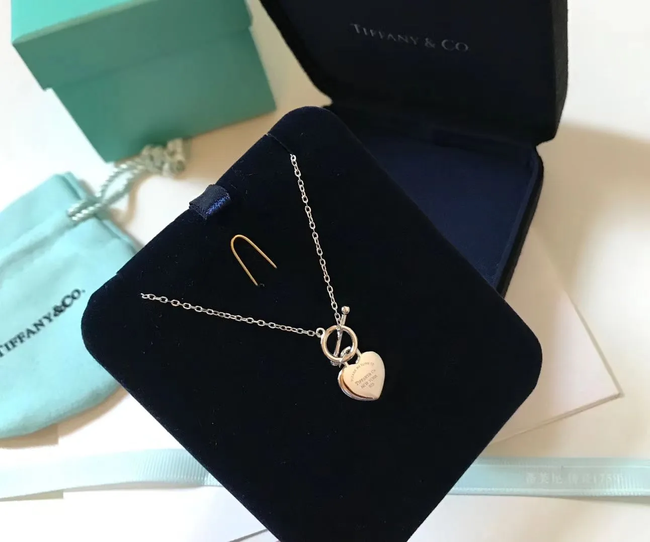 New Style Tiffany Return To Turquoise Love Heart Toggle Pendant Blue Enamel Silver Women Necklace Fake