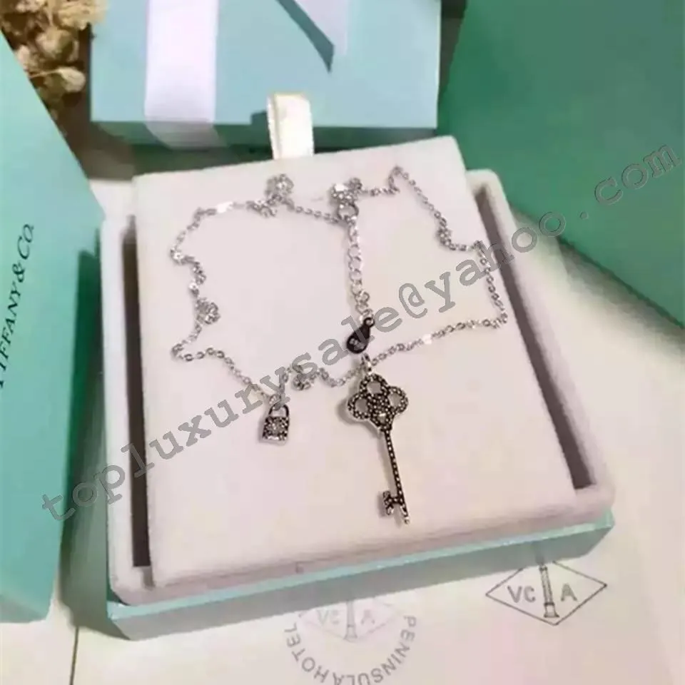 Tiffany Keys Crown Key Pendant Phony With Diamonds Sterling Silver Chain Necklace Jewelry UK Sale