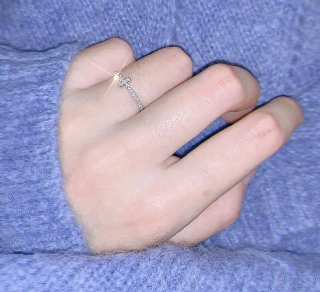 Fine Jewelry Tiffany T 925 Silver Cross Fully-diamonds Ladies Wire Band Ring