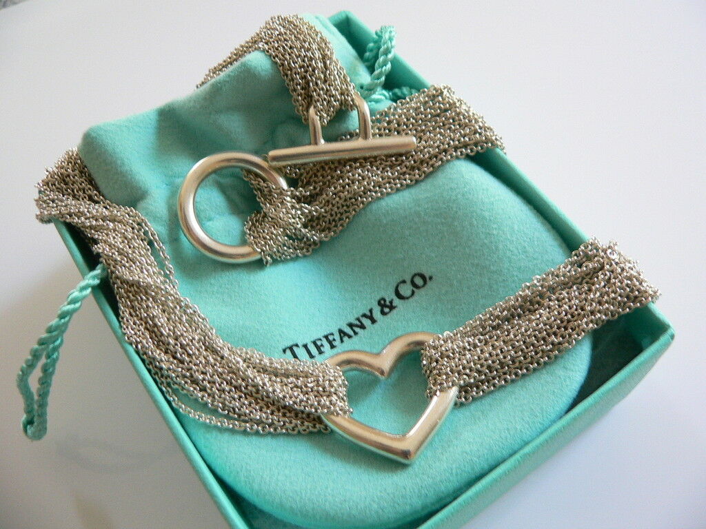 Tiffany & Co Heart Mesh Necklace Pendant Chain Rare Gift Multi Strand Silver