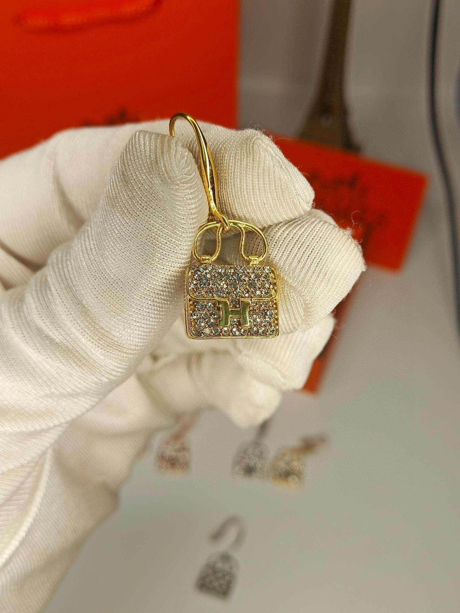 Hermes Bag Earrings, Diamonds, Gold & White Gold