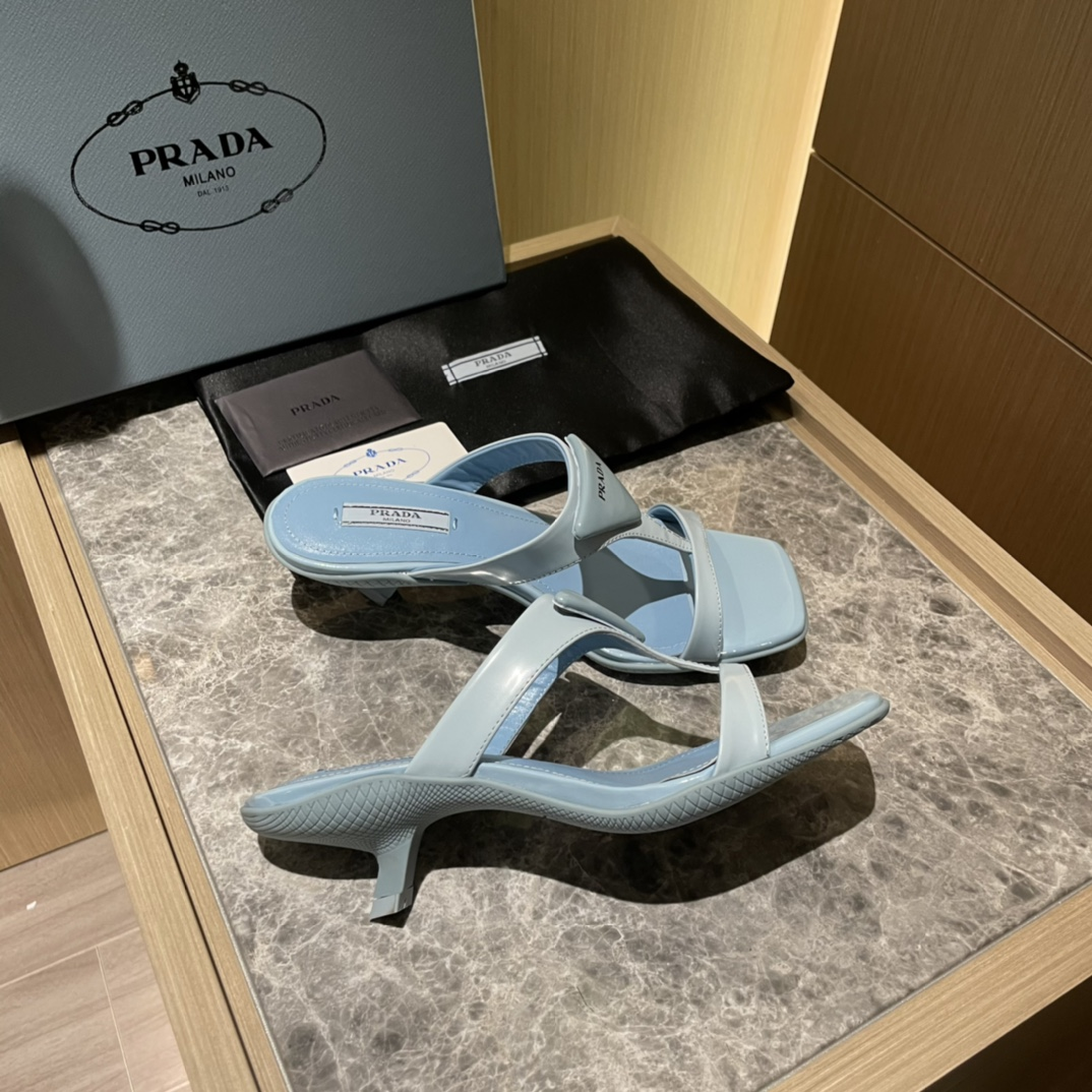Prada  Polished Leather Sandals Slide  (Replica)