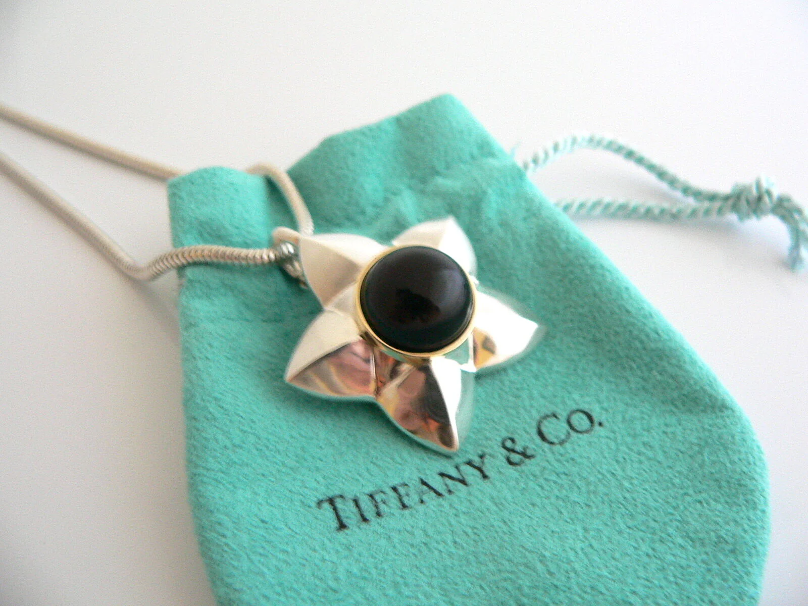 Tiffany & Co Onyx Star Necklace 18K Gold Silver Pendant Snake Chain Gift Pouch