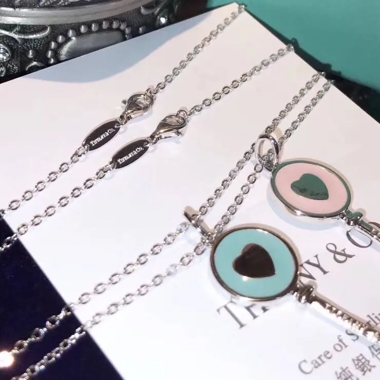 Knock-off Stylish Tiffany Keys Elegant Blue Enamel Heart Key Pendant Womens Sterling Silver Necklace Blue/Pink GRP09581