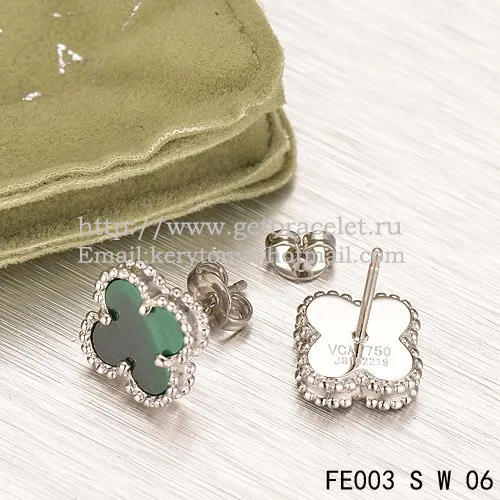 Van Cleef & Arpels Sweet Alhambra Earrings White Gold With Malachite Mother Of Pearl