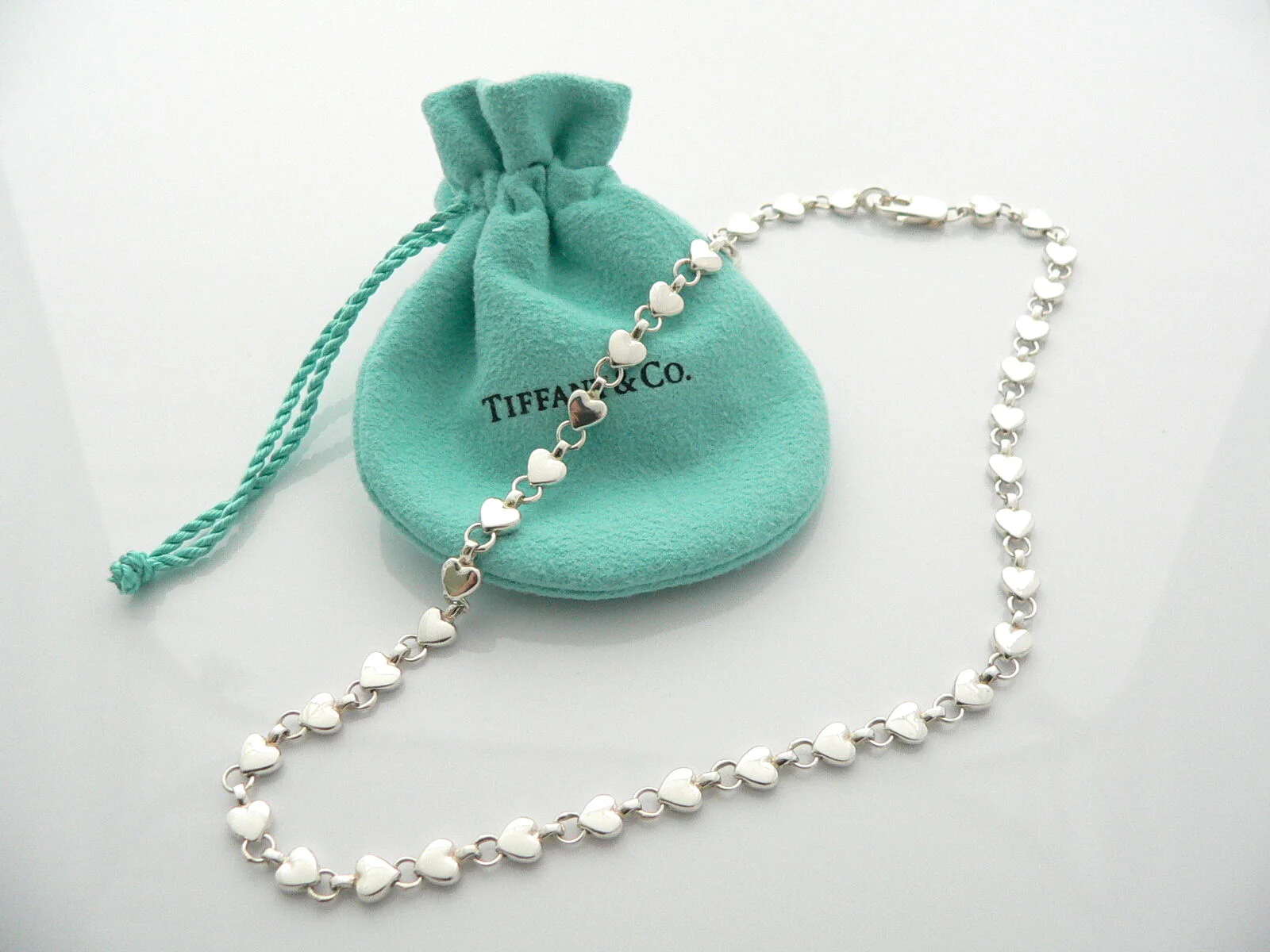 Tiffany & Co Silver Heart Link Necklace Pendant Chain Gift Pouch Love Pouch Rare