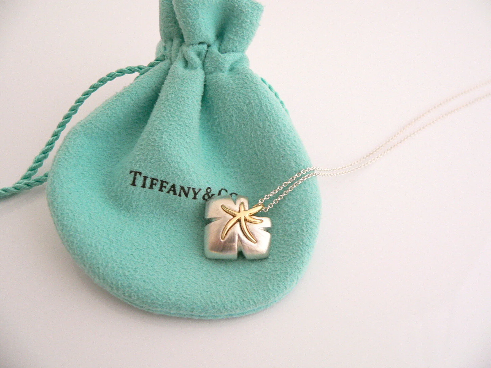 Tiffany & Co Silver 18K Gold Starfish Necklace Ivy Pendant Charm Love Gift Pouch
