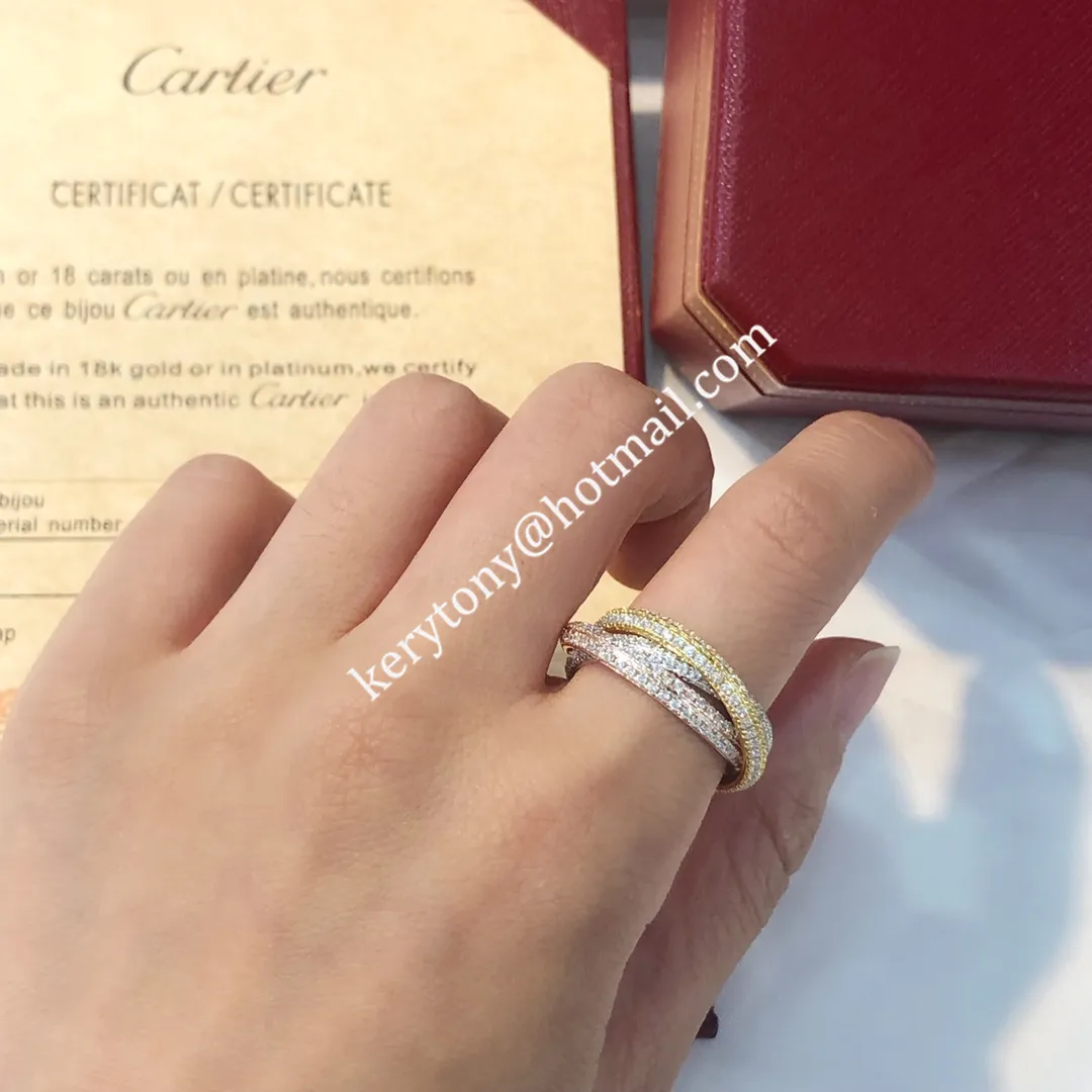 Spring Fashion Cartier Trinity Ring White Gold/Yellow God/Rose Gold With Pave Diamonds N4227600 High End