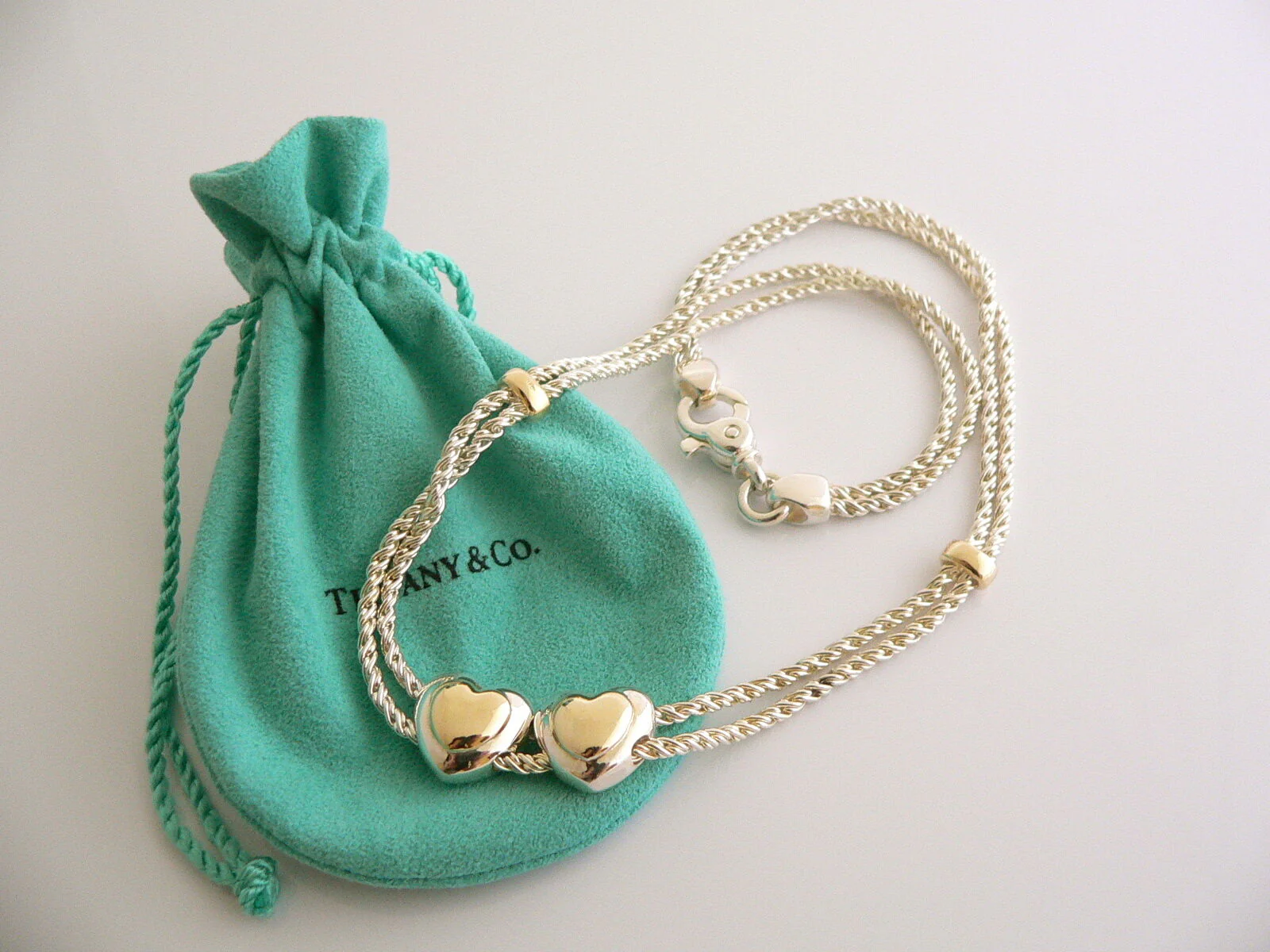 Tiffany & Co Silver 18K Gold Double Rope Sliding Puff Heart Necklace Charm Love