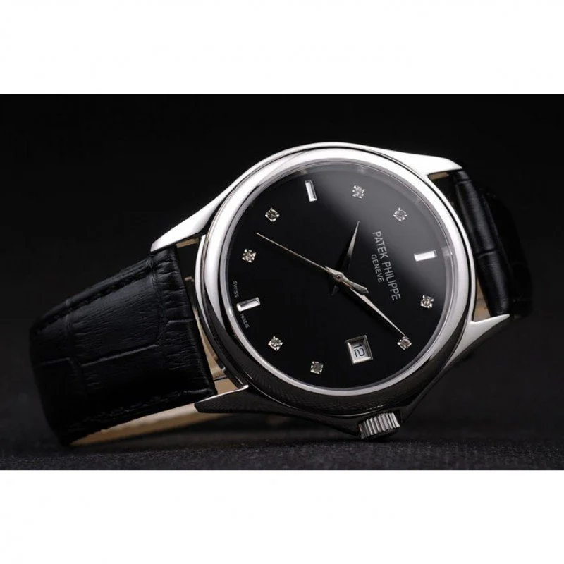 Geneve Calatrava Crystal Studded Dial Black 38 mm, Stainless Steel