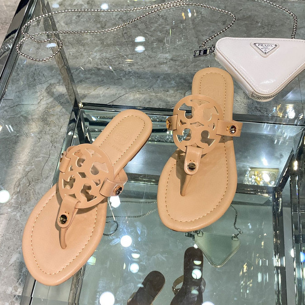 Tory Burch Leather Metal Double T Logo Flip-flops Sandals Slide (Replica)