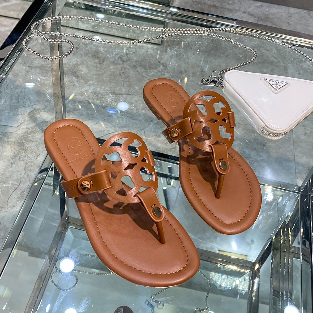 Tory Burch Leather Metal Double T Logo Flip-flops Sandals Slide (Replica)