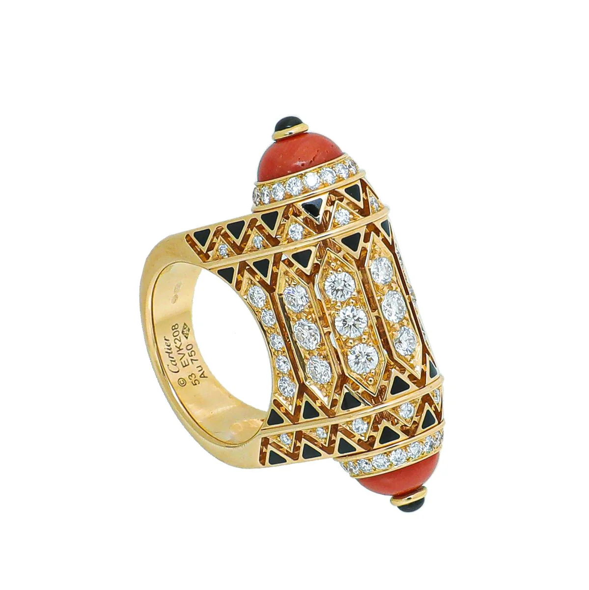 Cartier 18K Rose Gold Geometry Contrast Coral, Onyx, Black Lacquer, Diamonds Ring 53