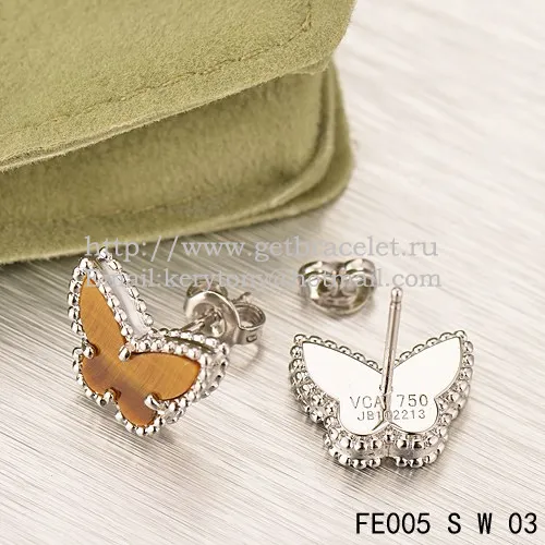 Van Cleef & Arpels Sweet Alhambra Butterfly Earrings White Gold With Tiger's Eye Mother Of Pearl