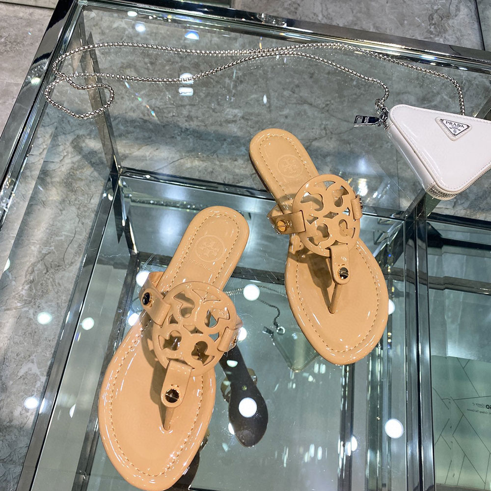 Tory Burch Leather Metal Double T Logo Flip-flops Sandals Slide (Replica)