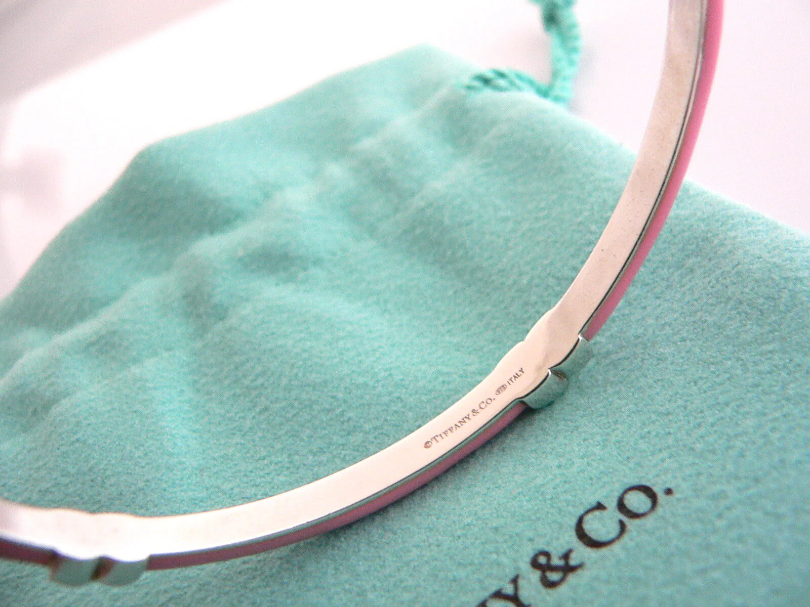 Tiffany & Co Silver Pink Enamel Signature X Bangle Bracelet Mint Gift Pouch Box